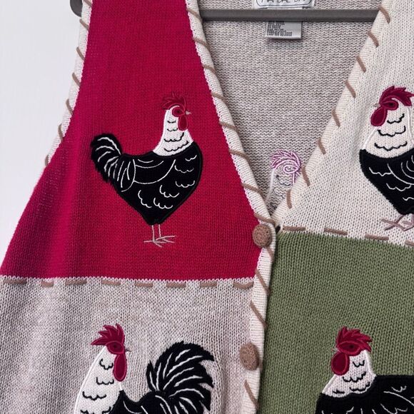 Mandal Bay Vintage Embroidered Chicken Print Linen Blend Sweater Vest Size M - Picture 3 of 8